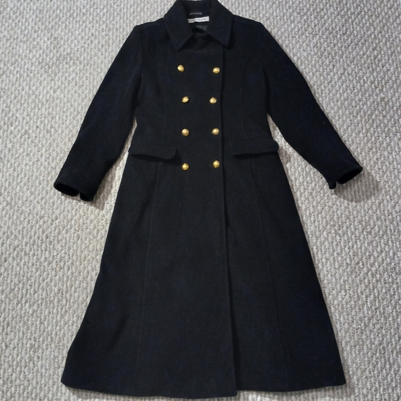 Evan Picone 80% Wool Black Coat with Gold Buttons Large EUC Military Style - Picture 2 of 15
